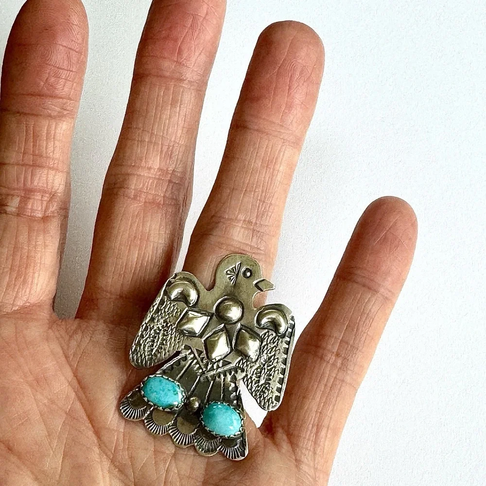 Navajo Thunderbird‎ Ring Turquoise Sz 7 Sterling Signed T Yazzie Native American